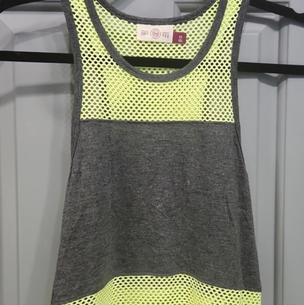 NWOT SO Neon Yellow Gray Mesh Tank Top mostly mesh XS